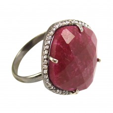 Ruby cushion sterling silver pave setting cz ring